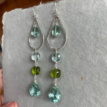 Load image into Gallery viewer, Sparkling Aquamarine Blues and Peridot Green Cushion Cut Hoop Earrings