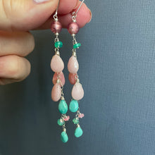 Load image into Gallery viewer, Pink Opal, Murano Glass, Amethyst, Turquoise Cascade Cluster Earrings
