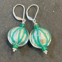 Load image into Gallery viewer, Geometic Silver Foil Murano Glass and Opal Dangle Earrings