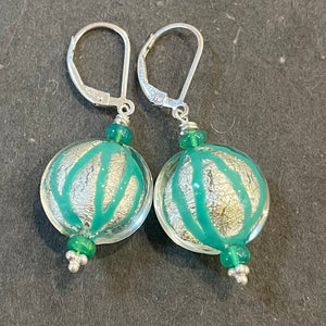 Geometic Silver Foil Murano Glass and Opal Dangle Earrings