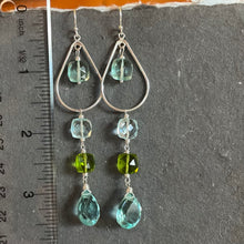 Load image into Gallery viewer, Sparkling Aquamarine Blues and Peridot Green Cushion Cut Hoop Earrings