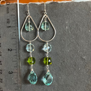 Sparkling Aquamarine Blues and Peridot Green Cushion Cut Hoop Earrings