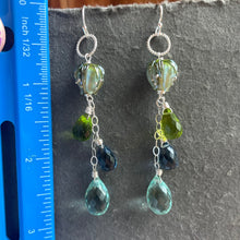 Load image into Gallery viewer, Flora European Lampwork And Quartz Dangle Earrings, Aqua, Smoke Blue and Greens, metal and earwire options