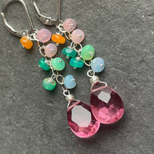 Load image into Gallery viewer, Sapphire Pink Quartz and Rainbow Welo Opal earrings, Leverback option