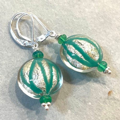 Geometic Silver Foil Murano Glass and Opal Dangle Earrings