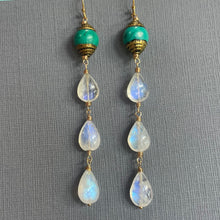 Load image into Gallery viewer, Artisan Turquoise and Rainbow Moonstone Dangle Earrings, OOAK