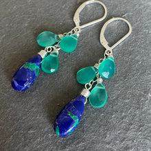 Load image into Gallery viewer, Sapphire Blue Copper Turquoise with green onyx dangle earrings