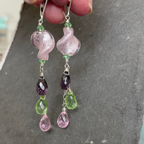 Icy Pink Swirl Murano Glass and Quartz Dangle Earrings