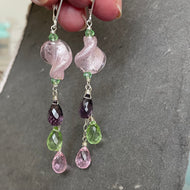 (last pair) Icy Pink Swirl Murano Glass and Quartz Dangle Earrings