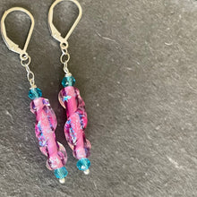 Load image into Gallery viewer, Dichroic Pink Murano Glass Dangle Earrings, Opal and Quartz, Metal options