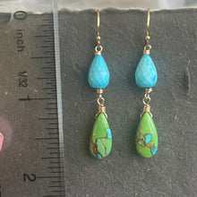 Load image into Gallery viewer, Copper Green and Blue Turquoise Dangles, OOAK