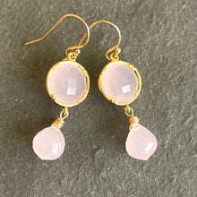 Load image into Gallery viewer, Glowing Pink Chalcedony Dangle Bezel Earrings