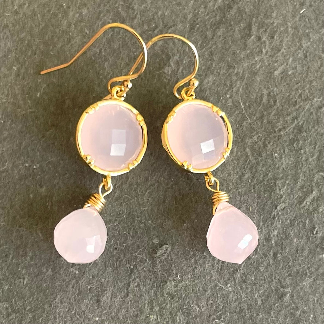 Glowing Pink Chalcedony Dangle Bezel Earrings