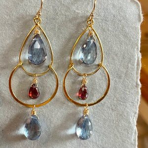 Mystic Blue Quartz and Garnet Gold Filled Double Hoops, OOAK