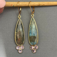 Load image into Gallery viewer, Gold Shimmer Queen Labradorite and Lilac CZ Earrings, OOAK