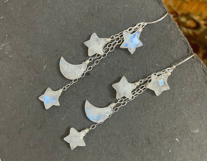 Stars and Moon Earrings, Rainbow Moonstone