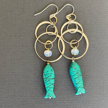 Load image into Gallery viewer, Carved Turquoise Fish and Opal Mobile Circle Earrings