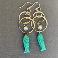 Carved Turquoise Fish and Opal Mobile Circle Earrings