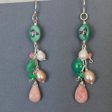 Load image into Gallery viewer, Pink Opal, Vintage Glass, Pearl, Opal and Chrysoprase Cascade Earrings, OOAK