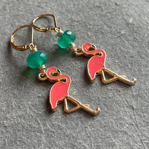Flamingo and Emerald Green Onyx Dangles