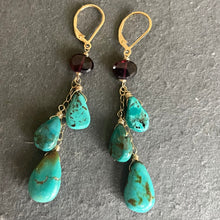 Load image into Gallery viewer, Natural Turquoise and Garnet Cascade Earrings, OOAK