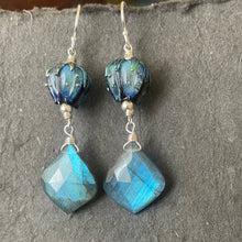 Load image into Gallery viewer, Labradorite and Lampwork Glass Earrings, OOAK