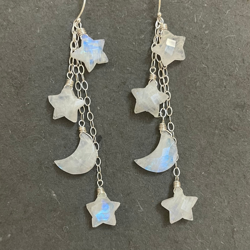 Stars and Moon Earrings, Rainbow Moonstone