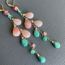 Load image into Gallery viewer, Pink Opal, Murano Glass, Amethyst, Turquoise Cascade Cluster Earrings