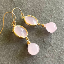 Load image into Gallery viewer, Glowing Pink Chalcedony Dangle Bezel Earrings