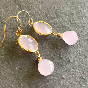 Glowing Pink Chalcedony Dangle Bezel Earrings