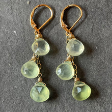 Load image into Gallery viewer, Prehnite trio cascade gold earrings, leverback, OOAK