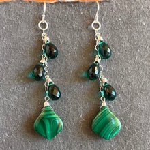 Load image into Gallery viewer, Emerald Green Malachite and Quartz Trio Cascade Earrings, OOAK