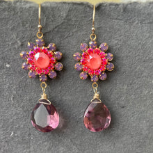 Load image into Gallery viewer, Lavender Opal, Coral Pink and Plummy Quartz Floral Teardrop Earrings
