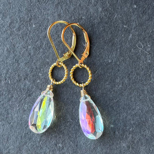 Rainbow Opalite Mini Hoop Earrings, OOAK, Elongated Pear