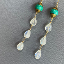 Load image into Gallery viewer, Artisan Turquoise and Rainbow Moonstone Dangle Earrings, OOAK