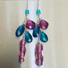 Load image into Gallery viewer, Dichroic Pink Glass Cascade Earrings, Opal and Quartz, Metal options
