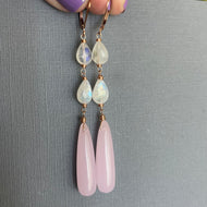 Rose Quartz and Rainbow Moonstone Dangle Earrings, Rose Gold, OOAK