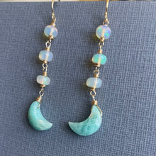 Load image into Gallery viewer, Amazonite Moon and Opal Earrings, OOAK