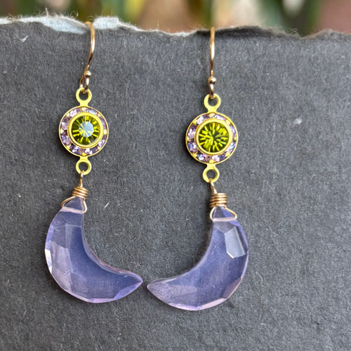 Lavender and Peridot Green Carved Moon Dangles