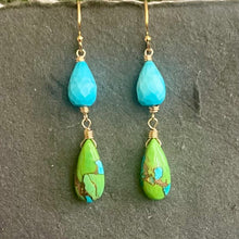 Load image into Gallery viewer, Copper Green and Blue Turquoise Dangles, OOAK