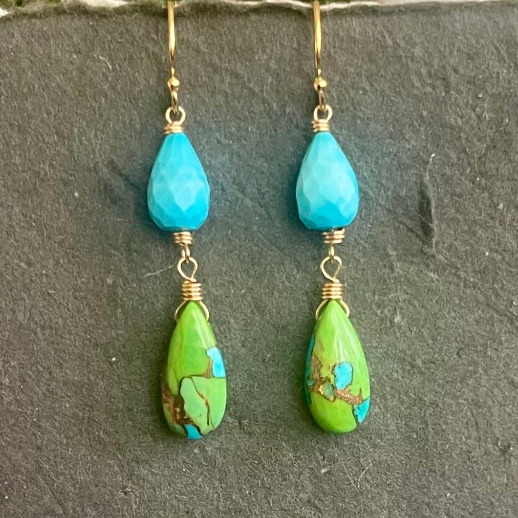 Copper Green and Blue Turquoise Dangles, OOAK
