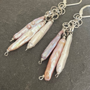 Japanese Biwa Freshwater Pearl Dangle Earrings, OOAK