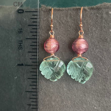 Load image into Gallery viewer, Aquamarine Carved leaf and Murano Glass Earrings, Metal Options