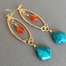 Load image into Gallery viewer, Chrysocolla and Sunstone Marquis Open Hoop Earrings, OOAK