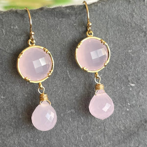 Glowing Pink Chalcedony Dangle Bezel Earrings