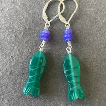 Load image into Gallery viewer, Carved Green Onyx and Opal Fish earrings