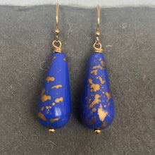 Load image into Gallery viewer, Royal Blue and Gold Teardrop Czech Glass Dangle Earrings
