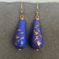 Royal Blue and Gold Teardrop Czech Glass Dangle Earrings