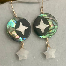 Load image into Gallery viewer, Mother of Pearl Moon and Stars Earrings, Rainbow Moonstone Star OOAK