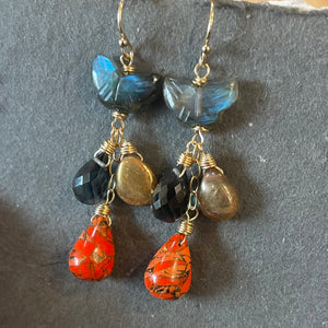 Butterfly Labradorite and Orange Turquoise Earrings,  OOAK